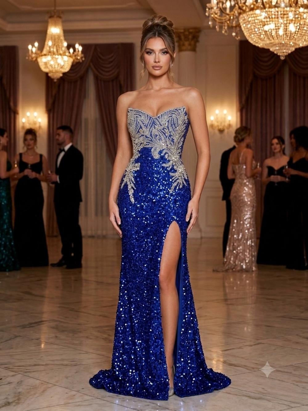 Portia & Scarlett Royal Blue Seated Rhinestone Sequin Strapless Gown Size 24